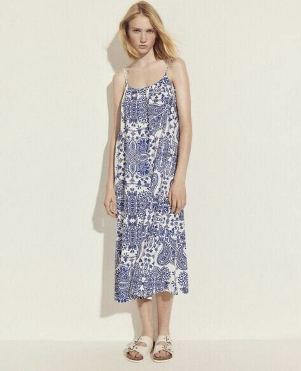 H&M Floral Oversized Paisley Print Midi Dress Blue White Spaghetti Strap Medium